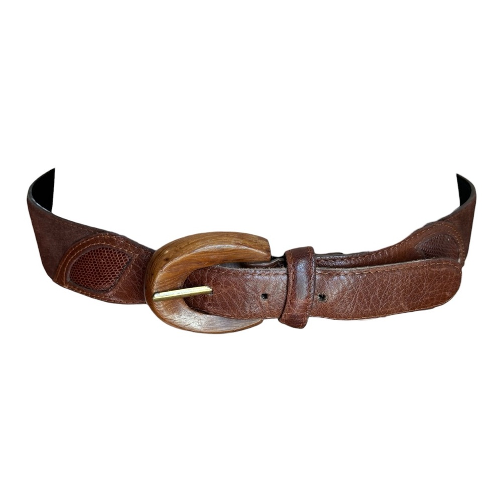 VTG LIZ CLAIBORNE BROWN 1.5" WIDE LEATHER & SUEDE BELT W A WOODEN BUCKLE SZ L - Picture 3 of 10